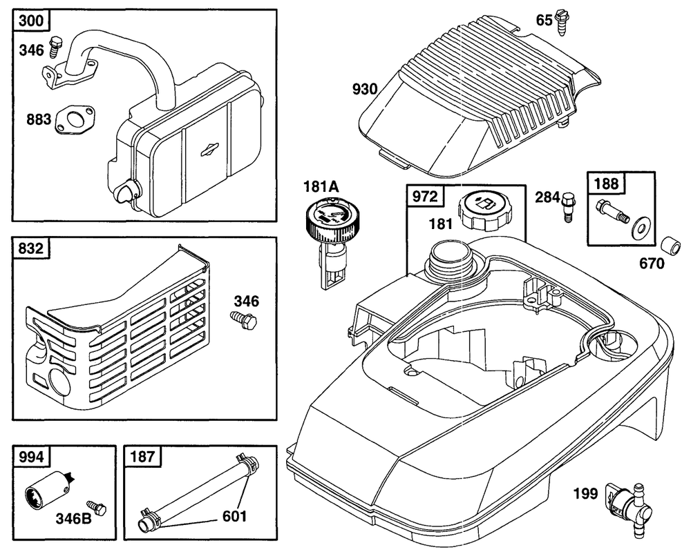 Muffler Grp, Fuel Grp Diagram and Parts List for 99772-3026-01  Briggs and Stratton Engine
